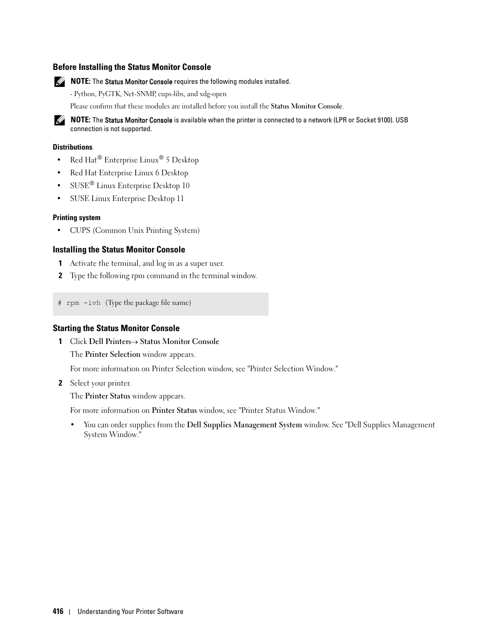 Before installing the status monitor console, Installing the status monitor console, Starting the status monitor console | Dell C2665dnf Color Laser Printer User Manual | Page 418 / 578