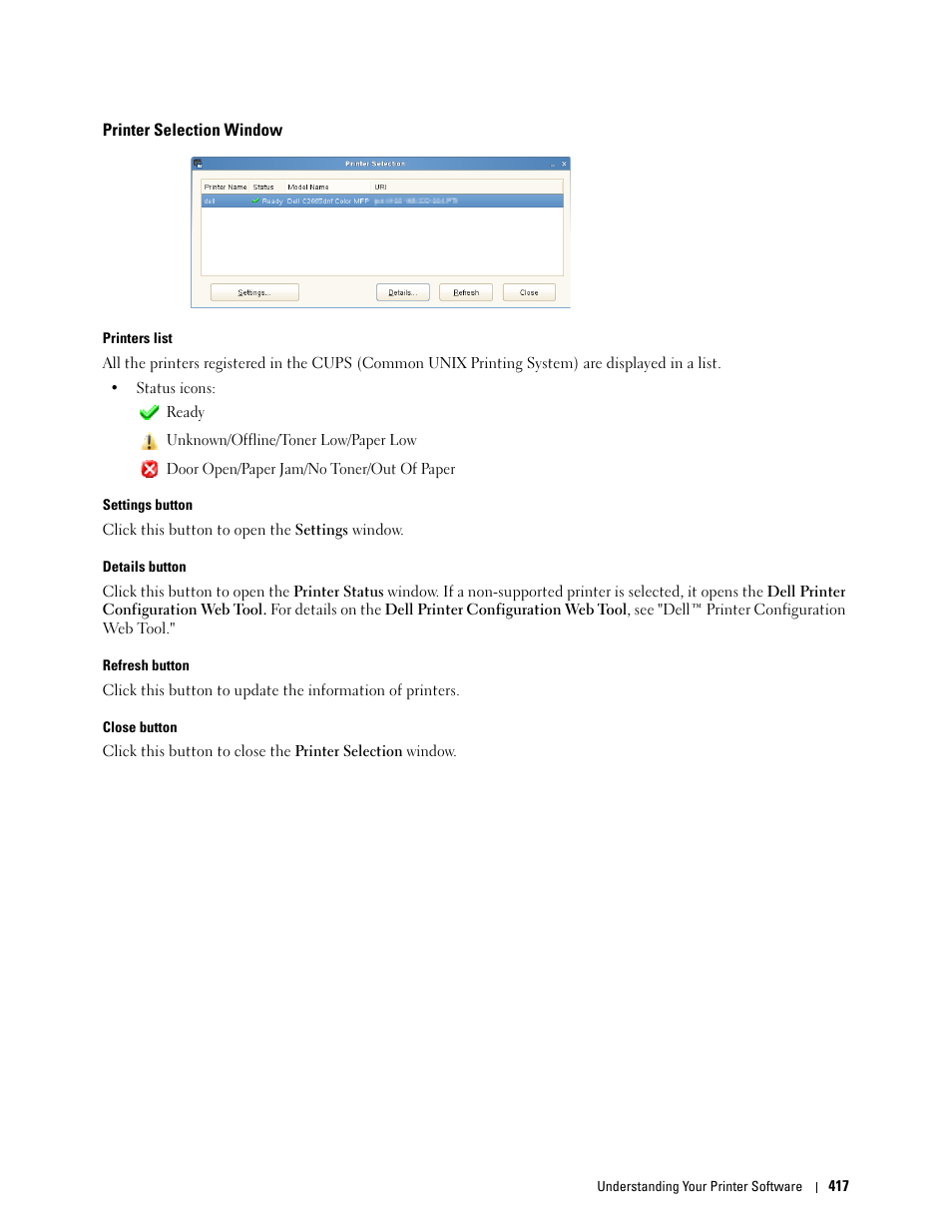 Printer selection window | Dell C2665dnf Color Laser Printer User Manual | Page 419 / 578