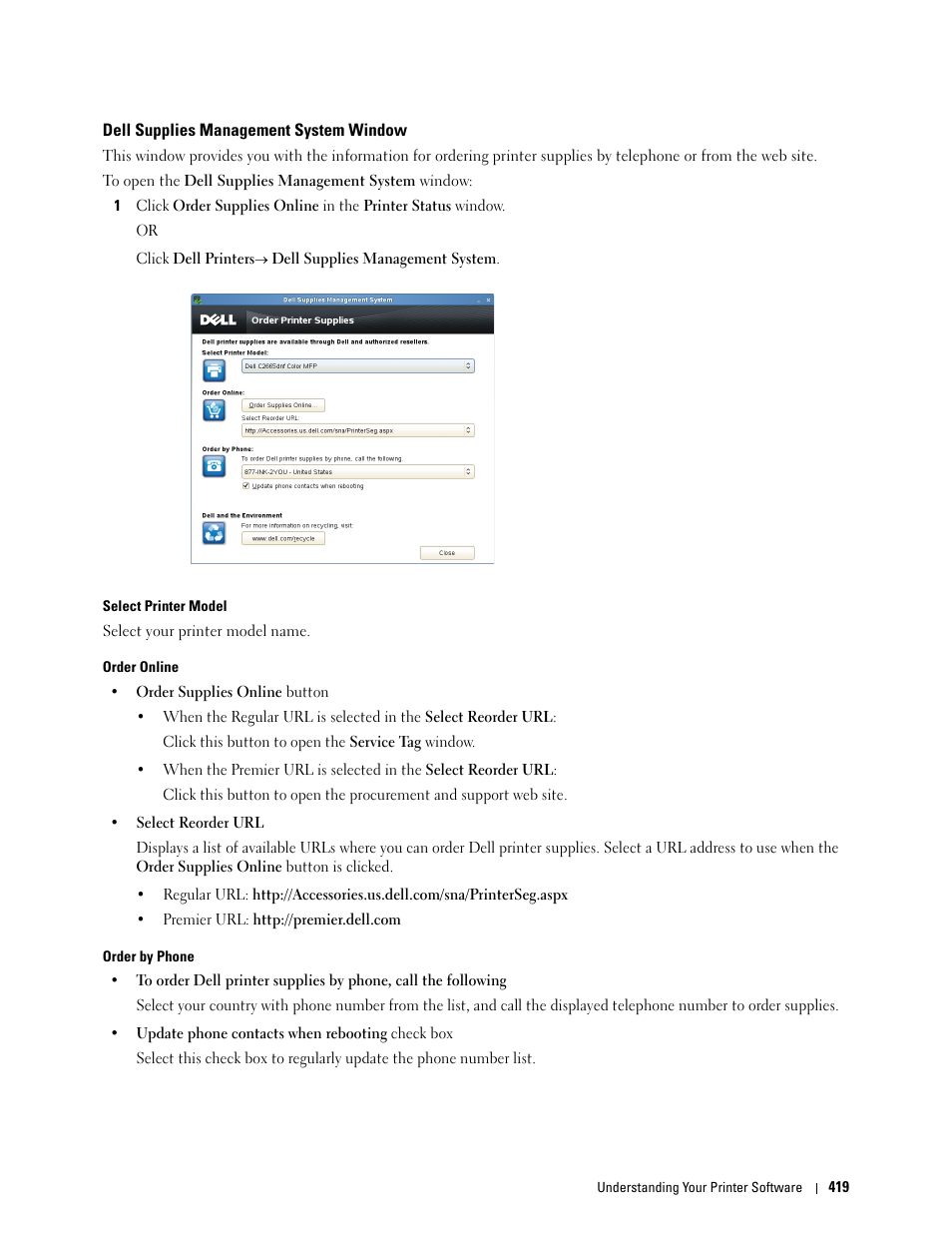 Dell supplies management system window, Dell supplies management, System window | Dell C2665dnf Color Laser Printer User Manual | Page 421 / 578