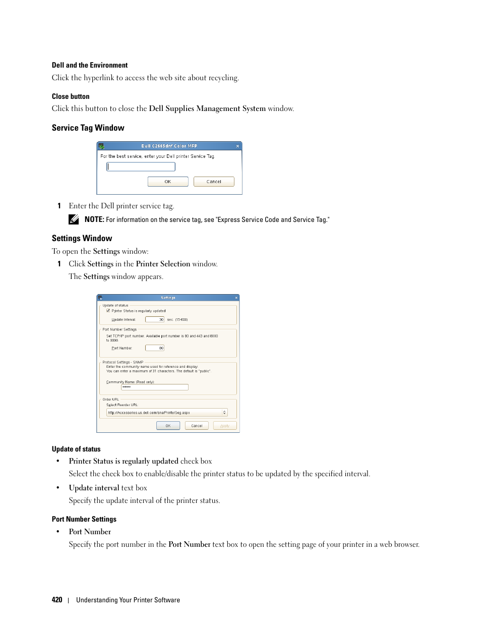 Service tag window, Settings window | Dell C2665dnf Color Laser Printer User Manual | Page 422 / 578