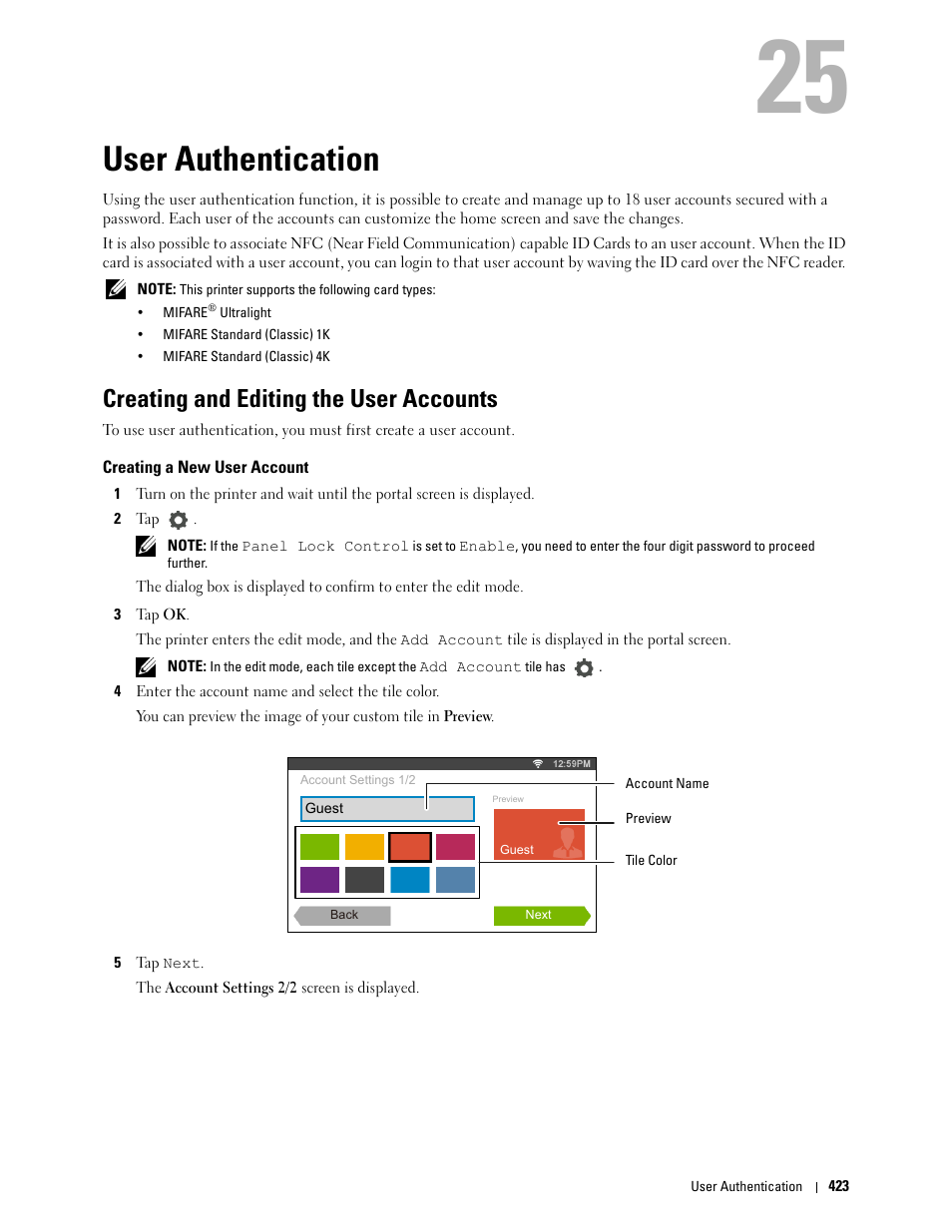 User authentication, Creating and editing the user accounts, Creating a new user account | 25 user authentication | Dell C2665dnf Color Laser Printer User Manual | Page 425 / 578