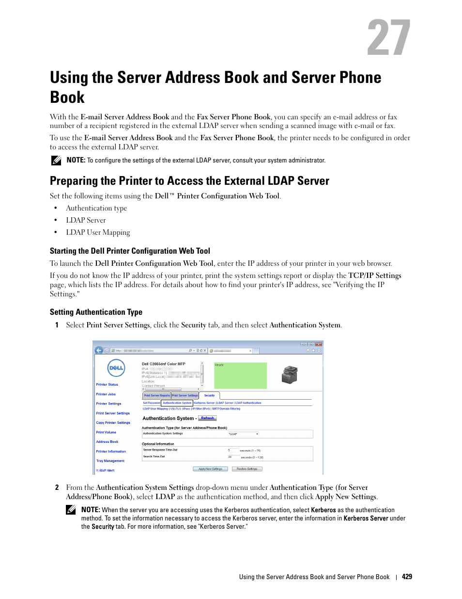 Starting the dell printer configuration web tool, Setting authentication type | Dell C2665dnf Color Laser Printer User Manual | Page 431 / 578