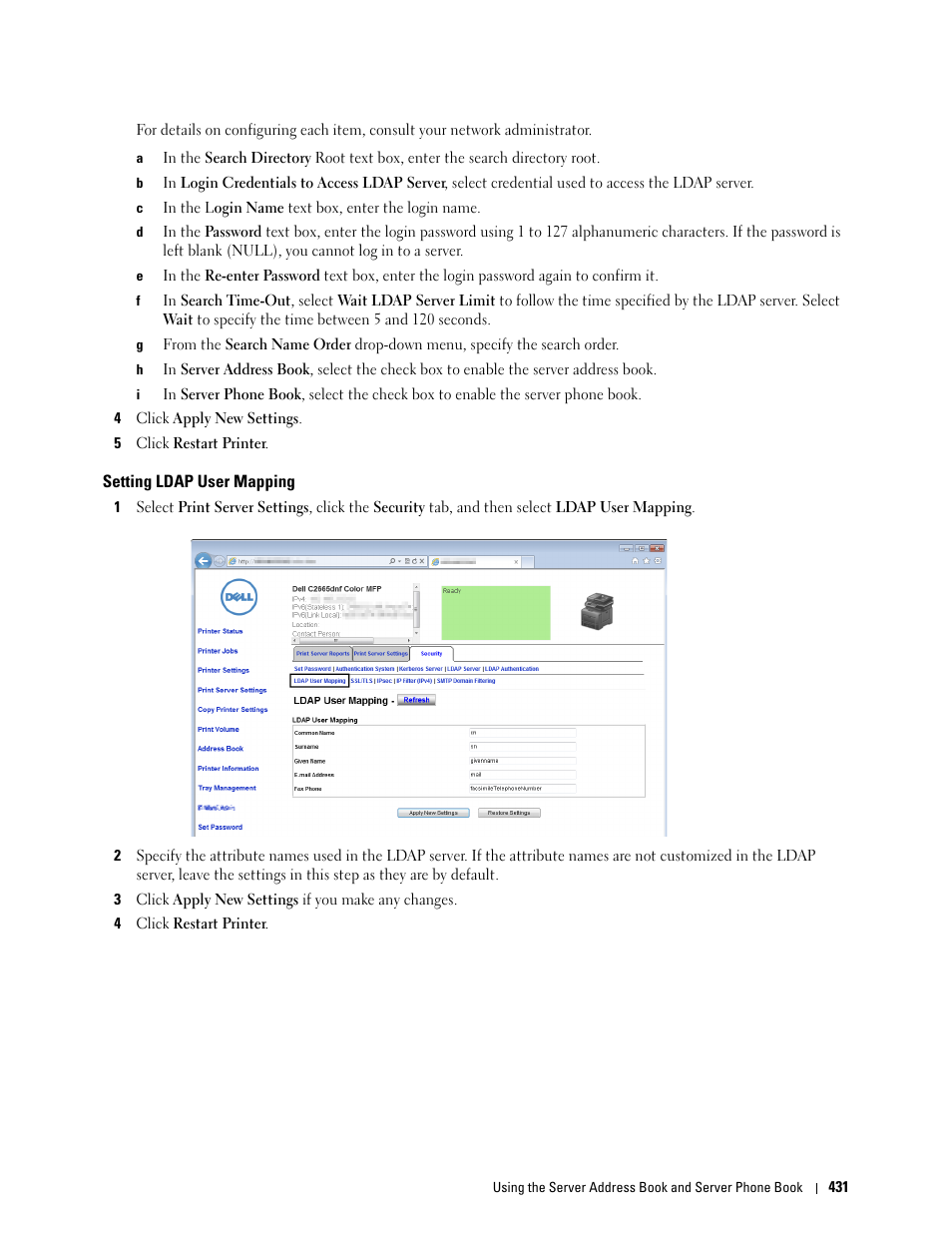 Setting ldap user mapping | Dell C2665dnf Color Laser Printer User Manual | Page 433 / 578