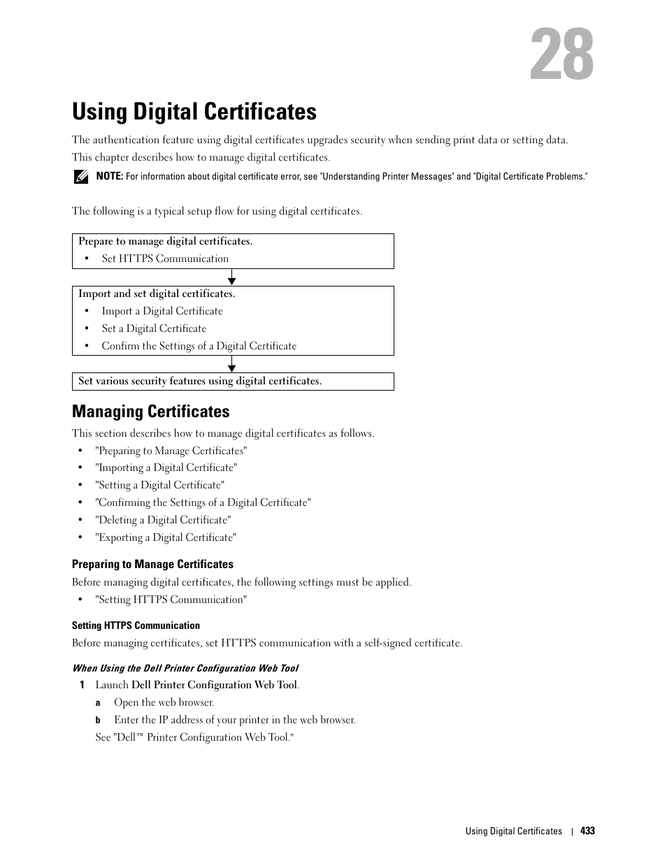 Using digital certificates, Managing certificates, Preparing to manage certificates | See "using digital, Certificates, 28 using digital certificates | Dell C2665dnf Color Laser Printer User Manual | Page 435 / 578