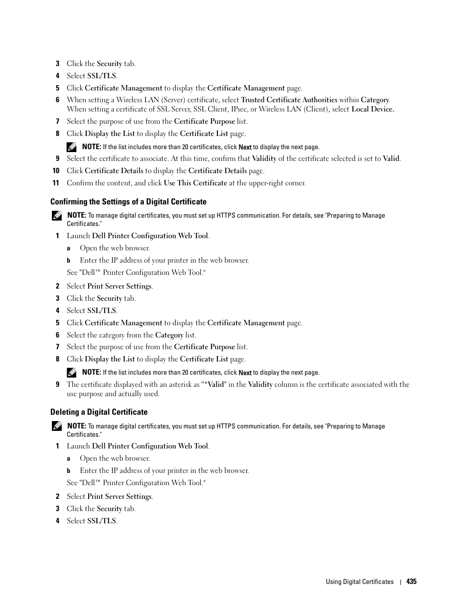 Confirming the settings of a digital certificate, Deleting a digital certificate | Dell C2665dnf Color Laser Printer User Manual | Page 437 / 578