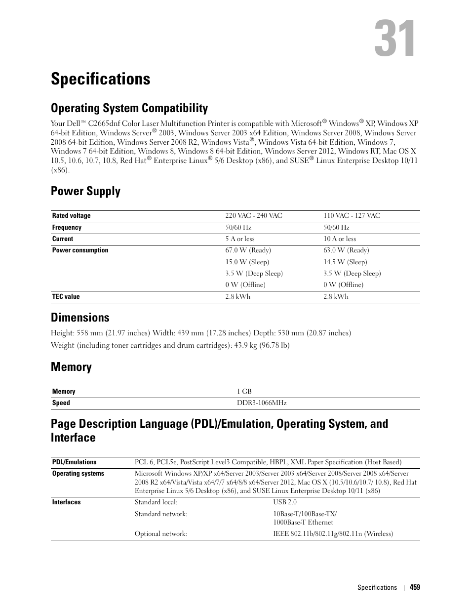 Specifications, Operating system compatibility, Power supply | Dimensions, Memory, 31 specifications | Dell C2665dnf Color Laser Printer User Manual | Page 461 / 578