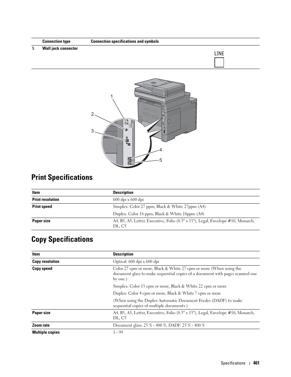 Print specifications, Copy specifications | Dell C2665dnf Color Laser Printer User Manual | Page 463 / 578