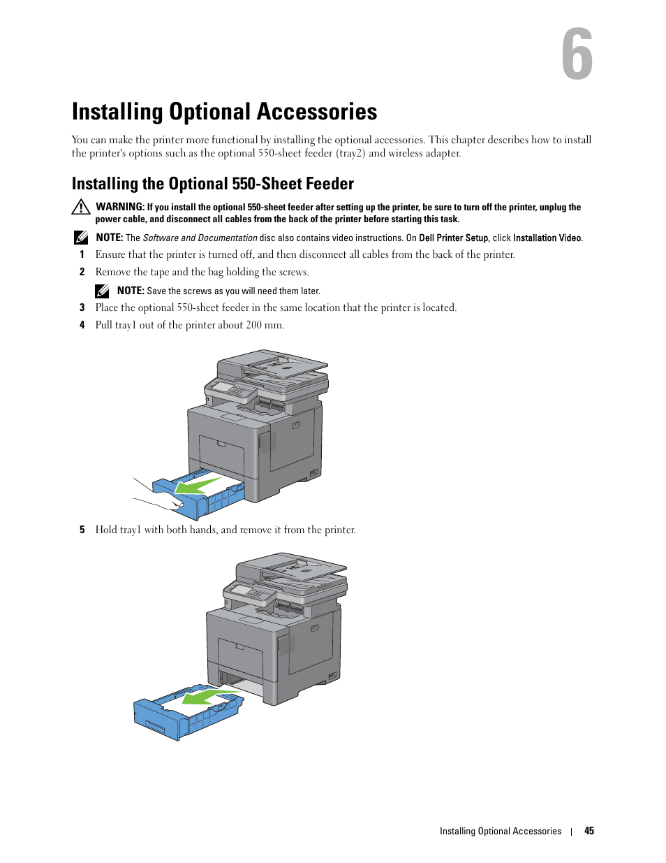 Installing optional accessories, Installing the optional 550-sheet feeder, 6 installing optional accessories | Dell C2665dnf Color Laser Printer User Manual | Page 47 / 578