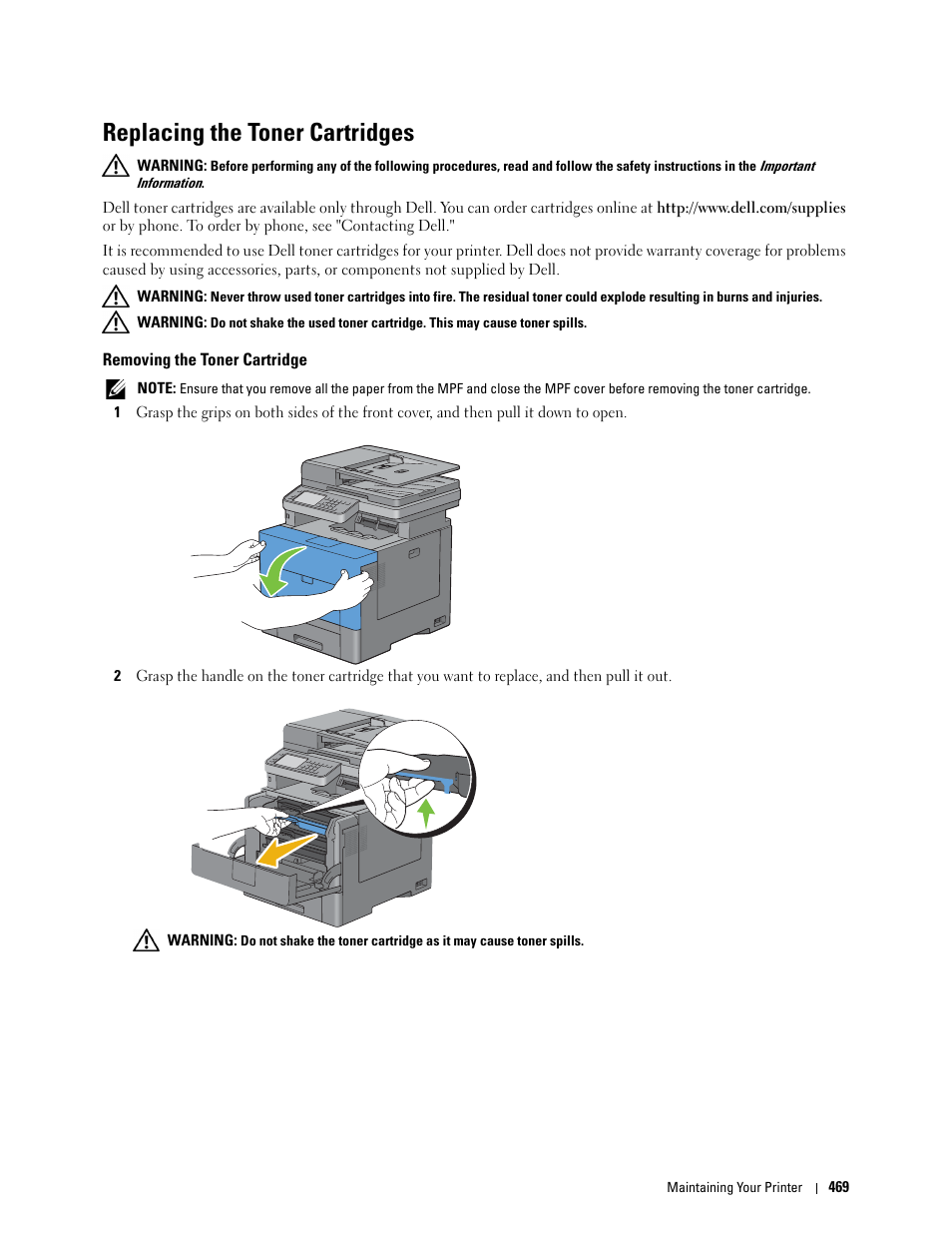 Replacing the toner cartridges, Removing the toner cartridge, See "replacing the toner cartridges | Cartridge, see "replacing the toner cartridges | Dell C2665dnf Color Laser Printer User Manual | Page 471 / 578