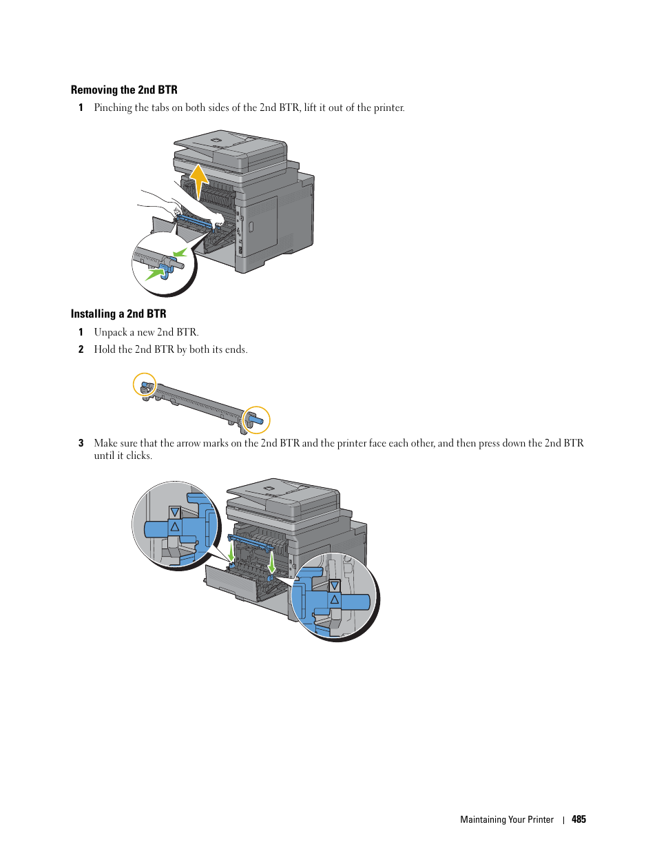 Removing the 2nd btr, Installing a 2nd btr | Dell C2665dnf Color Laser Printer User Manual | Page 487 / 578