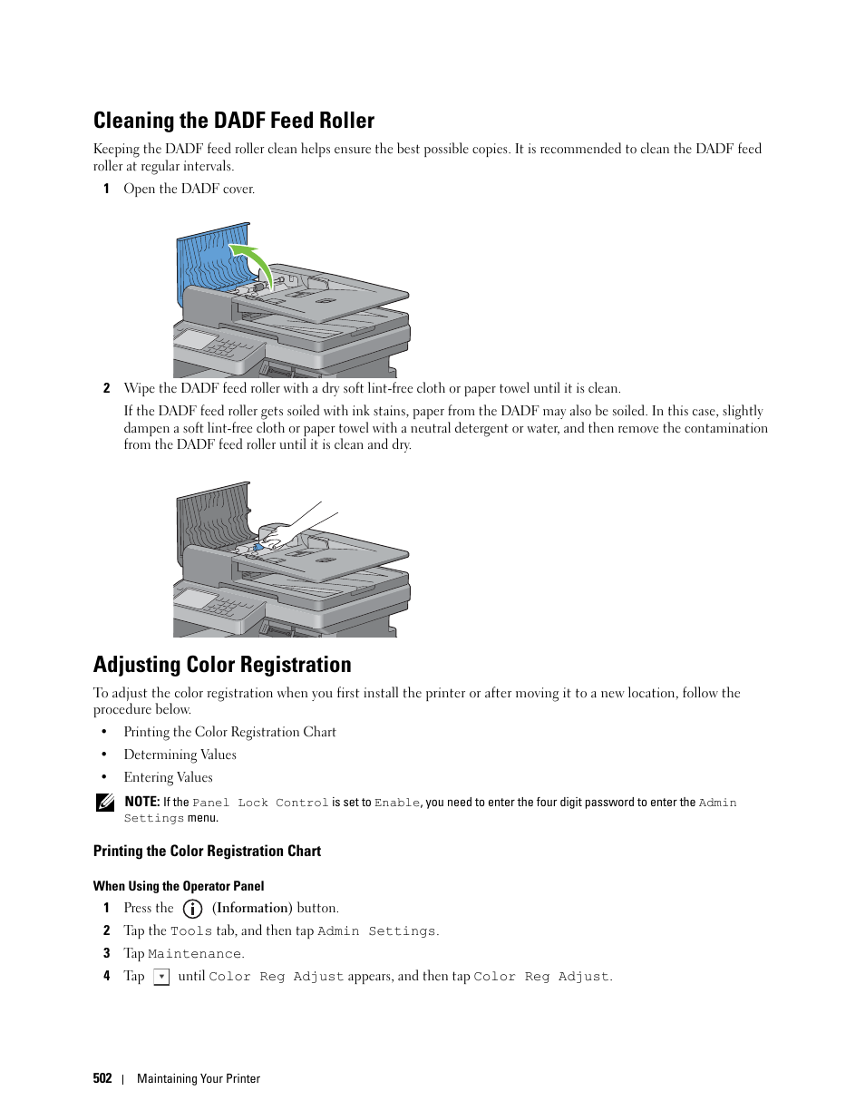 Cleaning the dadf feed roller, Adjusting color registration, Printing the color registration chart | Dell C2665dnf Color Laser Printer User Manual | Page 504 / 578