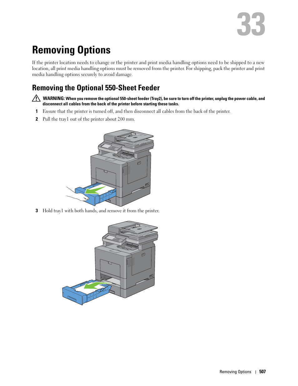 Removing options, Removing the optional 550-sheet feeder | Dell C2665dnf Color Laser Printer User Manual | Page 509 / 578