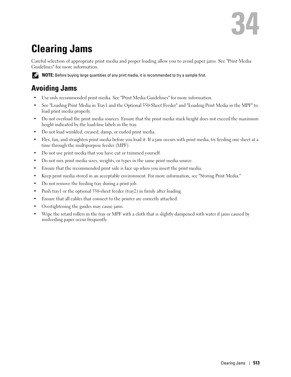 Clearing jams, Avoiding jams | Dell C2665dnf Color Laser Printer User Manual | Page 515 / 578