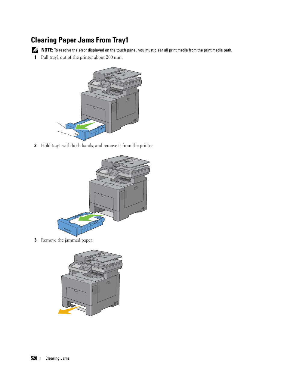 Clearing paper jams from tray1 | Dell C2665dnf Color Laser Printer User Manual | Page 522 / 578