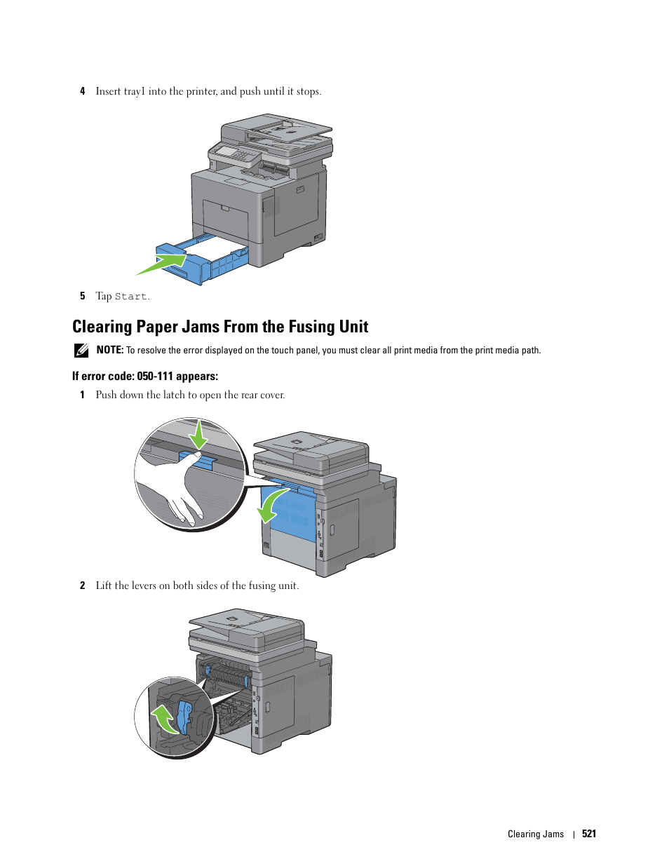 Clearing paper jams from the fusing unit, If error code: 050-111 appears | Dell C2665dnf Color Laser Printer User Manual | Page 523 / 578