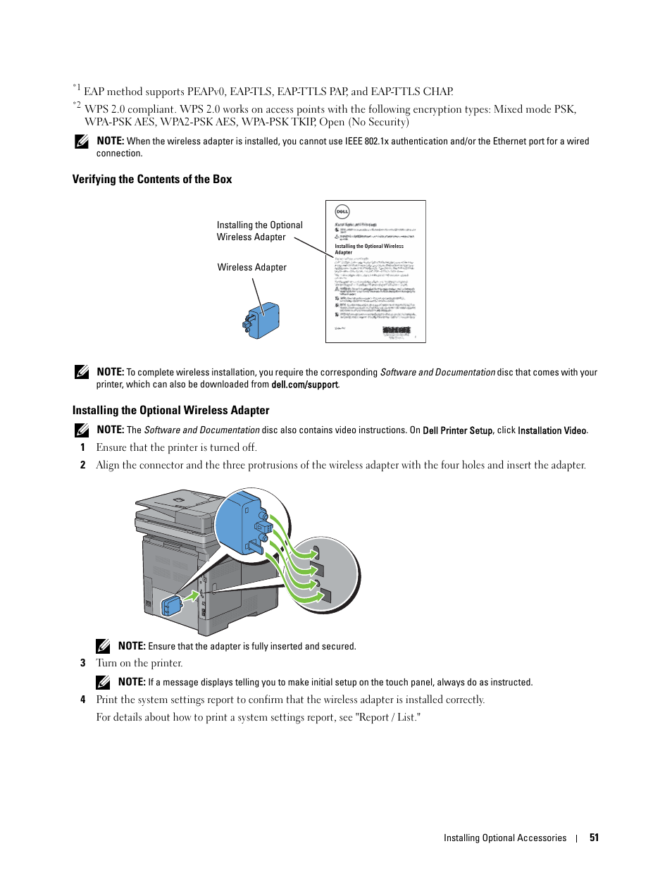 Verifying the contents of the box, Installing the optional wireless adapter | Dell C2665dnf Color Laser Printer User Manual | Page 53 / 578