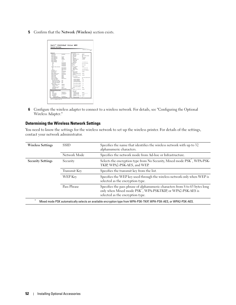 Determining the wireless network settings | Dell C2665dnf Color Laser Printer User Manual | Page 54 / 578