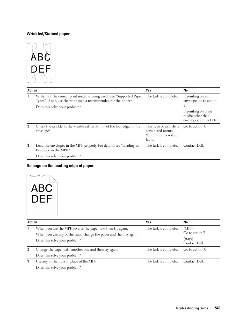 Wrinkled/stained paper, Damage on the leading edge of paper | Dell C2665dnf Color Laser Printer User Manual | Page 547 / 578