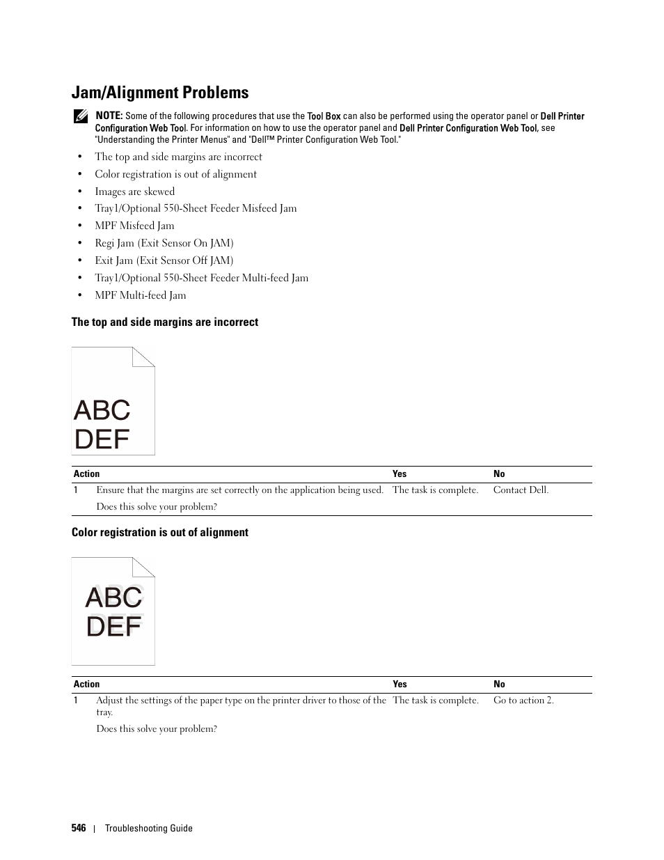 Jam/alignment problems, The top and side margins are incorrect, Color registration is out of alignment | Dell C2665dnf Color Laser Printer User Manual | Page 548 / 578