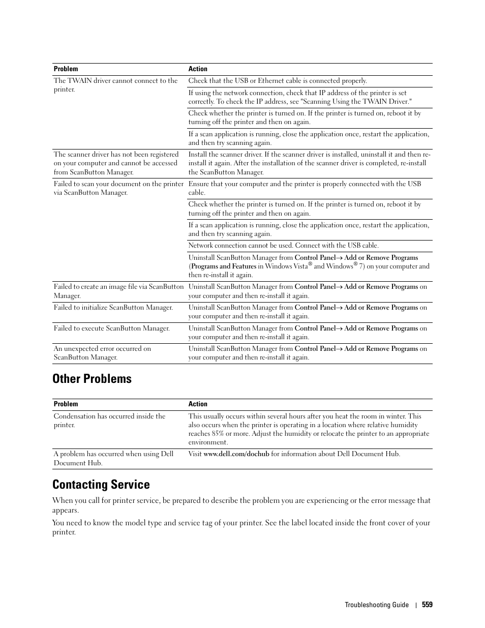 Other problems, Contacting service | Dell C2665dnf Color Laser Printer User Manual | Page 561 / 578