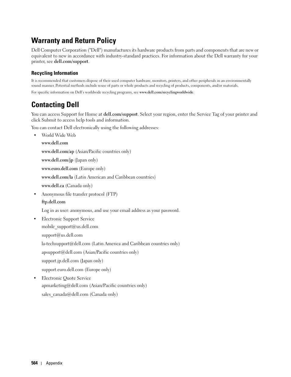 Warranty and return policy, Recycling information, Contacting dell | Dell C2665dnf Color Laser Printer User Manual | Page 566 / 578