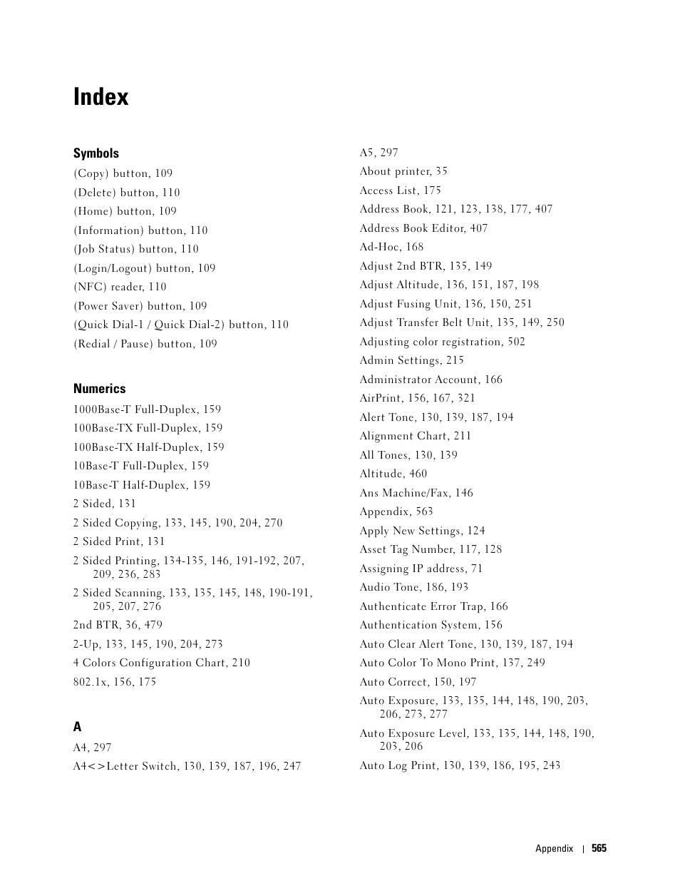 Index, Symbols, Numerics | Dell C2665dnf Color Laser Printer User Manual | Page 567 / 578