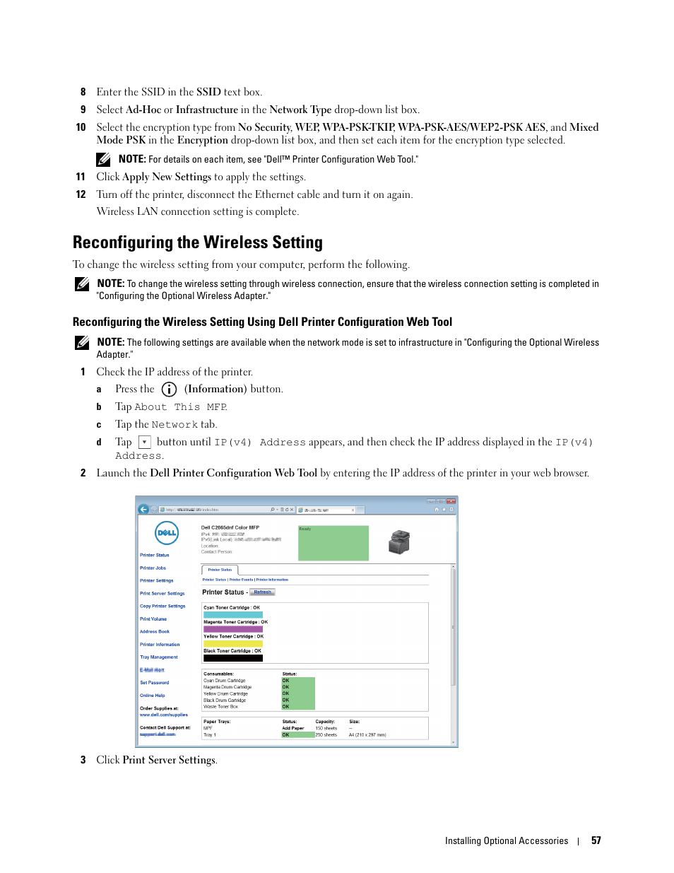 Reconfiguring the wireless setting | Dell C2665dnf Color Laser Printer User Manual | Page 59 / 578