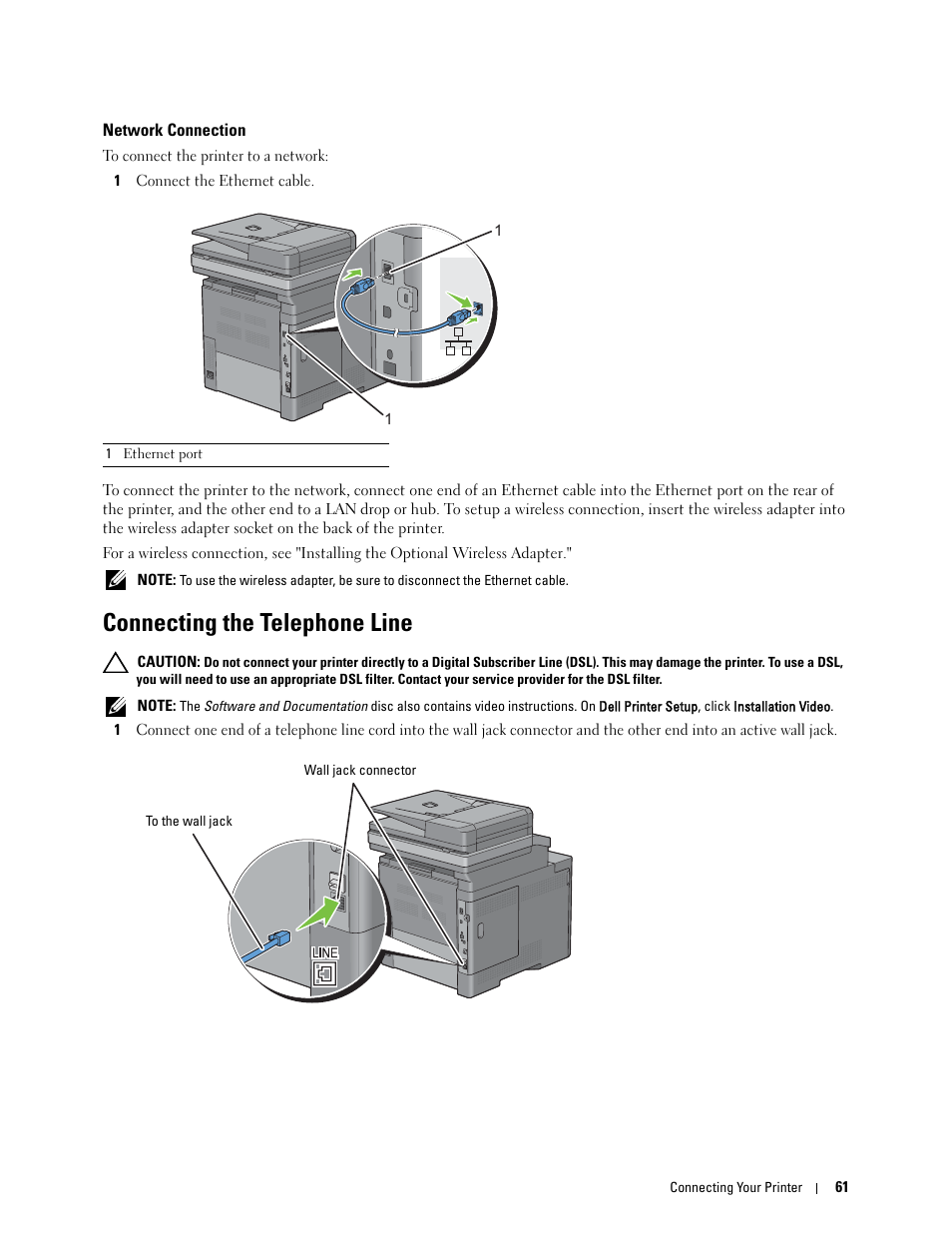 Network connection, Connecting the telephone line | Dell C2665dnf Color Laser Printer User Manual | Page 63 / 578