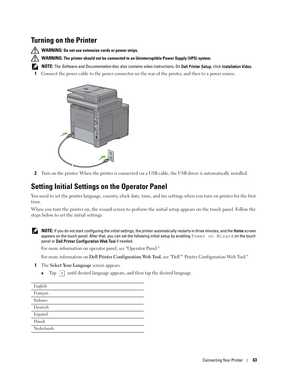 Turning on the printer, Setting initial settings on the operator panel | Dell C2665dnf Color Laser Printer User Manual | Page 65 / 578