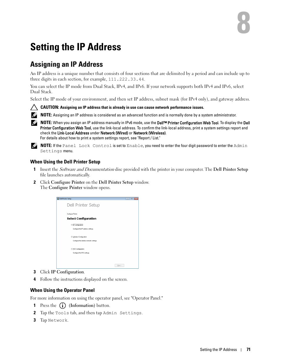 Setting the ip address, Assigning an ip address, When using the dell printer setup | When using the operator panel, 8 setting the ip address | Dell C2665dnf Color Laser Printer User Manual | Page 73 / 578