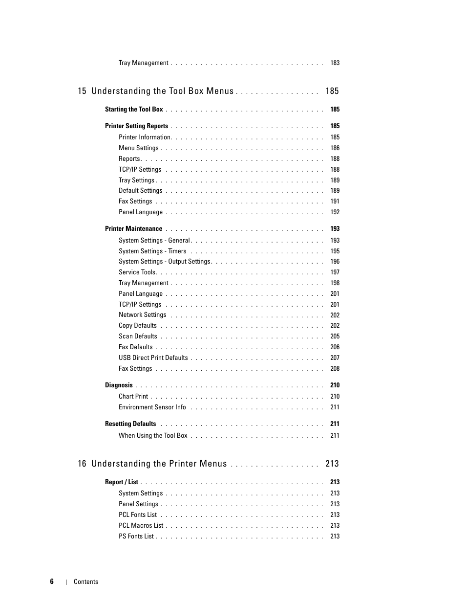 15 understanding the tool box menus 185, 16 understanding the printer menus 213, 15 understanding the tool box menus | 16 understanding the printer menus | Dell C2665dnf Color Laser Printer User Manual | Page 8 / 578