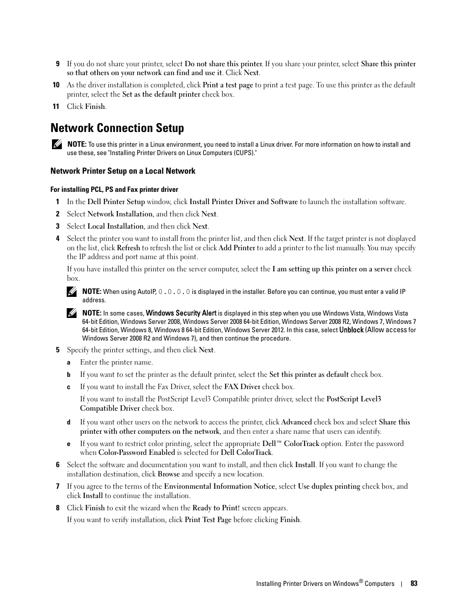 Network connection setup, Network printer setup on a local network | Dell C2665dnf Color Laser Printer User Manual | Page 85 / 578