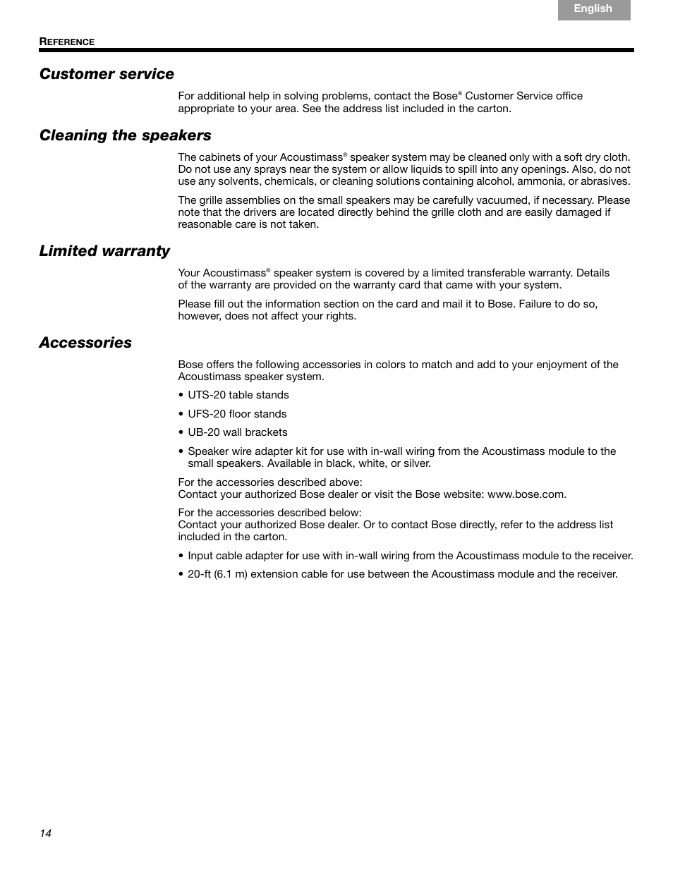 Customer service, Cleaning the speakers, Limited warranty | Accessories | Bose Acoustimass 10 Series IV User Manual | Page 14 / 44