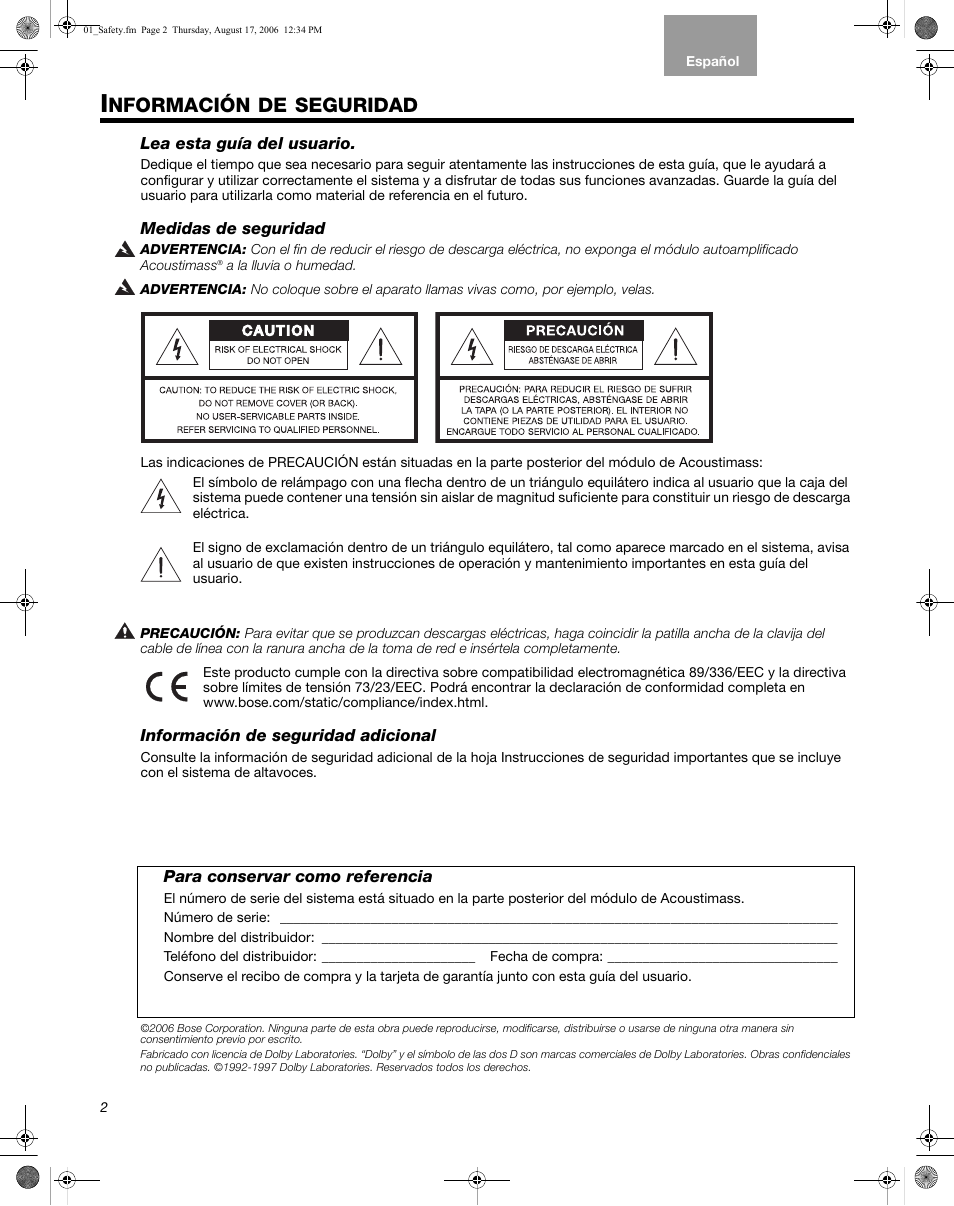 Nformación, Seguridad | Bose Acoustimass 10 Series IV User Manual | Page 16 / 44