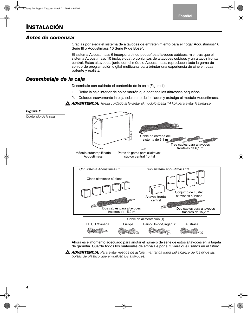 Nstalación, Antes de comenzar, Desembalaje de la caja | Bose Acoustimass 10 Series IV User Manual | Page 18 / 44