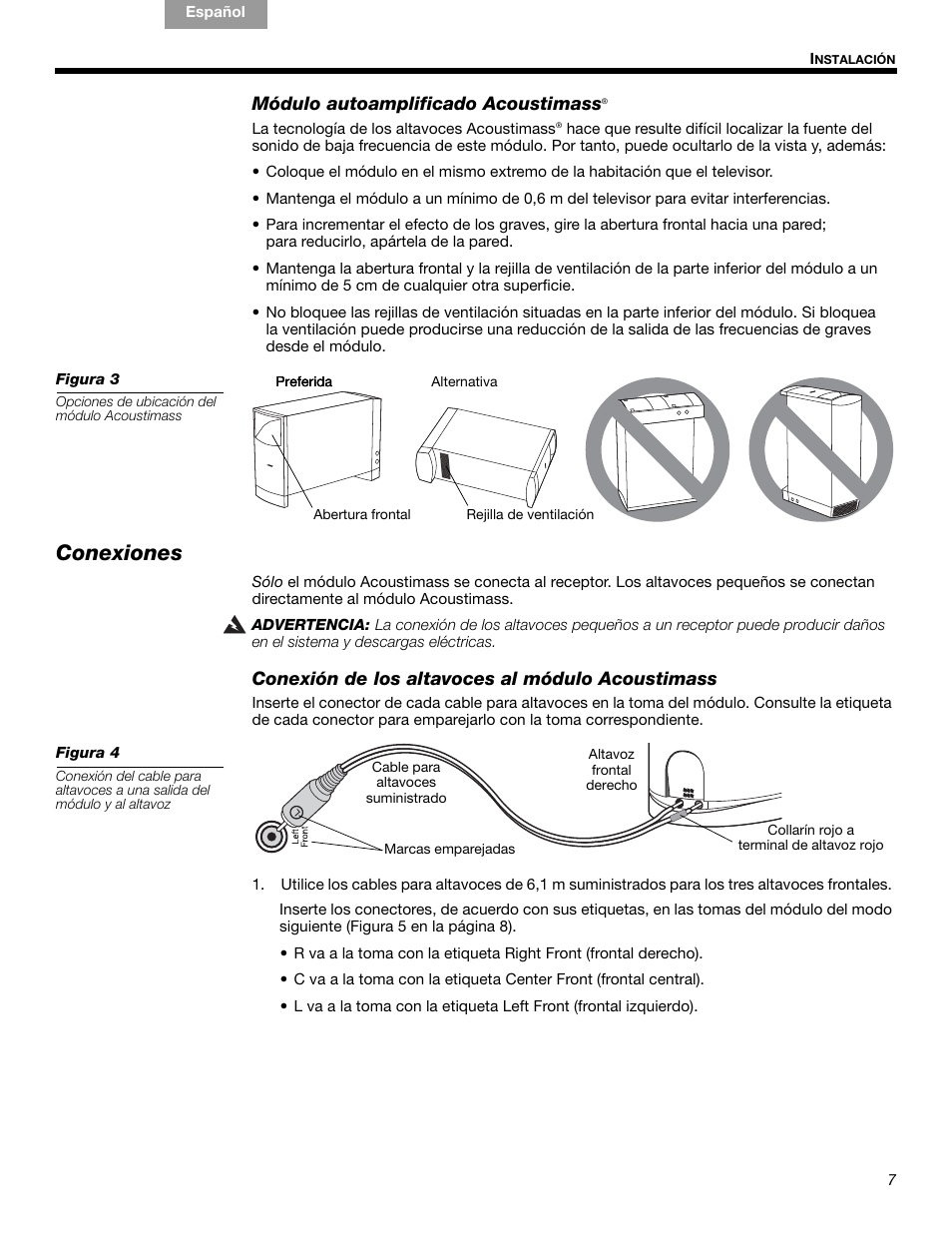Conexiones, Módulo autoamplificado acoustimass, Conexión de los altavoces al módulo acoustimass | Bose Acoustimass 10 Series IV User Manual | Page 21 / 44