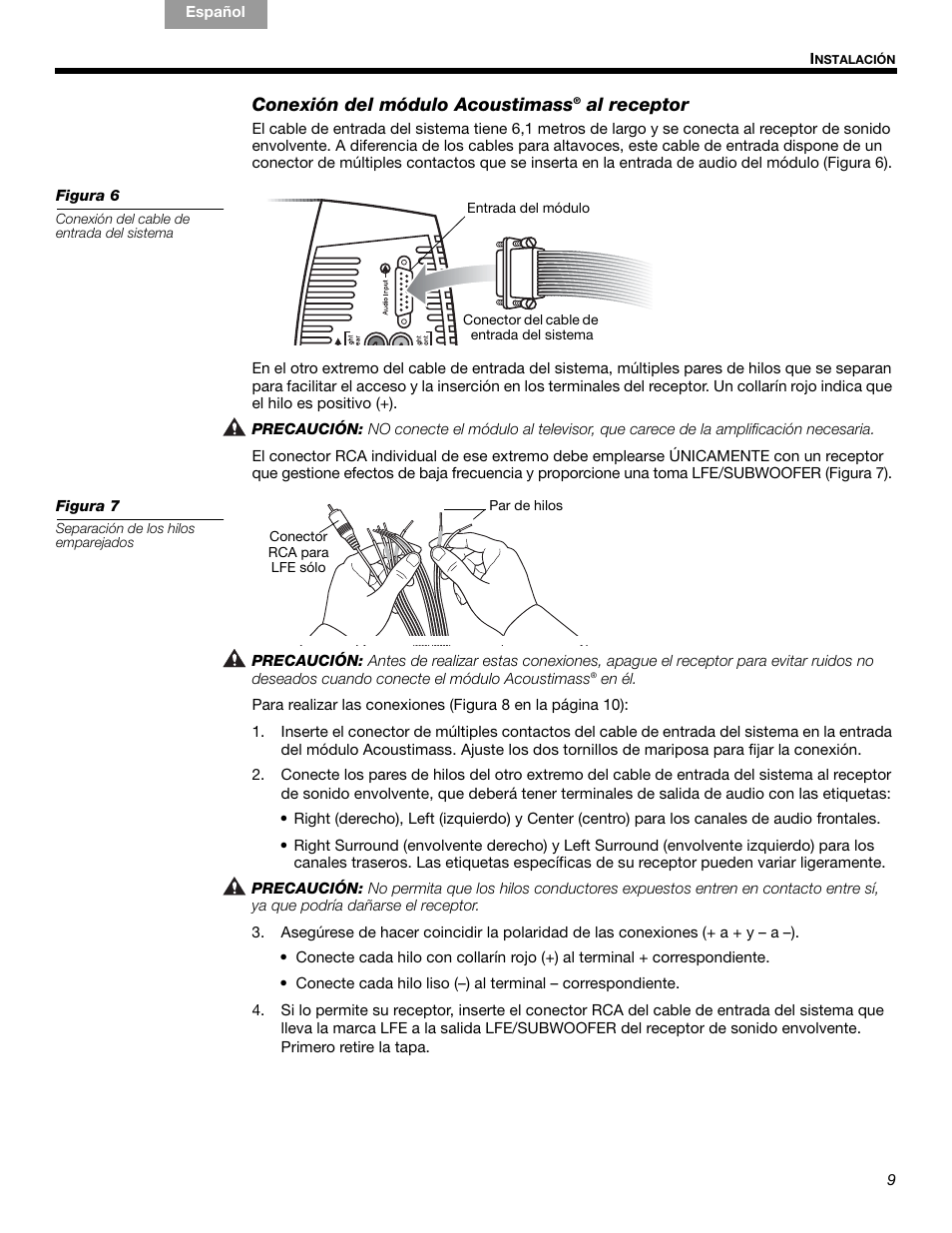 Conexión del módulo acoustimass, Al receptor | Bose Acoustimass 10 Series IV User Manual | Page 23 / 44