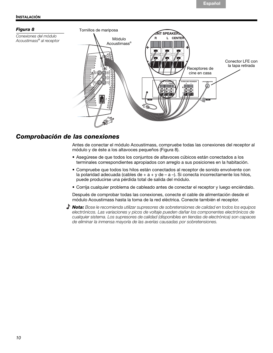 Comprobación de las conexiones | Bose Acoustimass 10 Series IV User Manual | Page 24 / 44