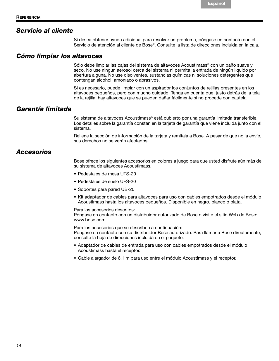 Servicio al cliente, Cómo limpiar los altavoces, Garantía limitada | Accesorios | Bose Acoustimass 10 Series IV User Manual | Page 28 / 44