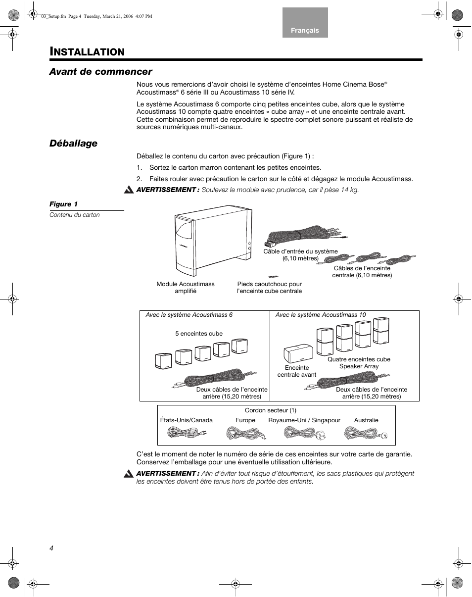 Nstallation, Avant de commencer, Déballage | Bose Acoustimass 10 Series IV User Manual | Page 32 / 44