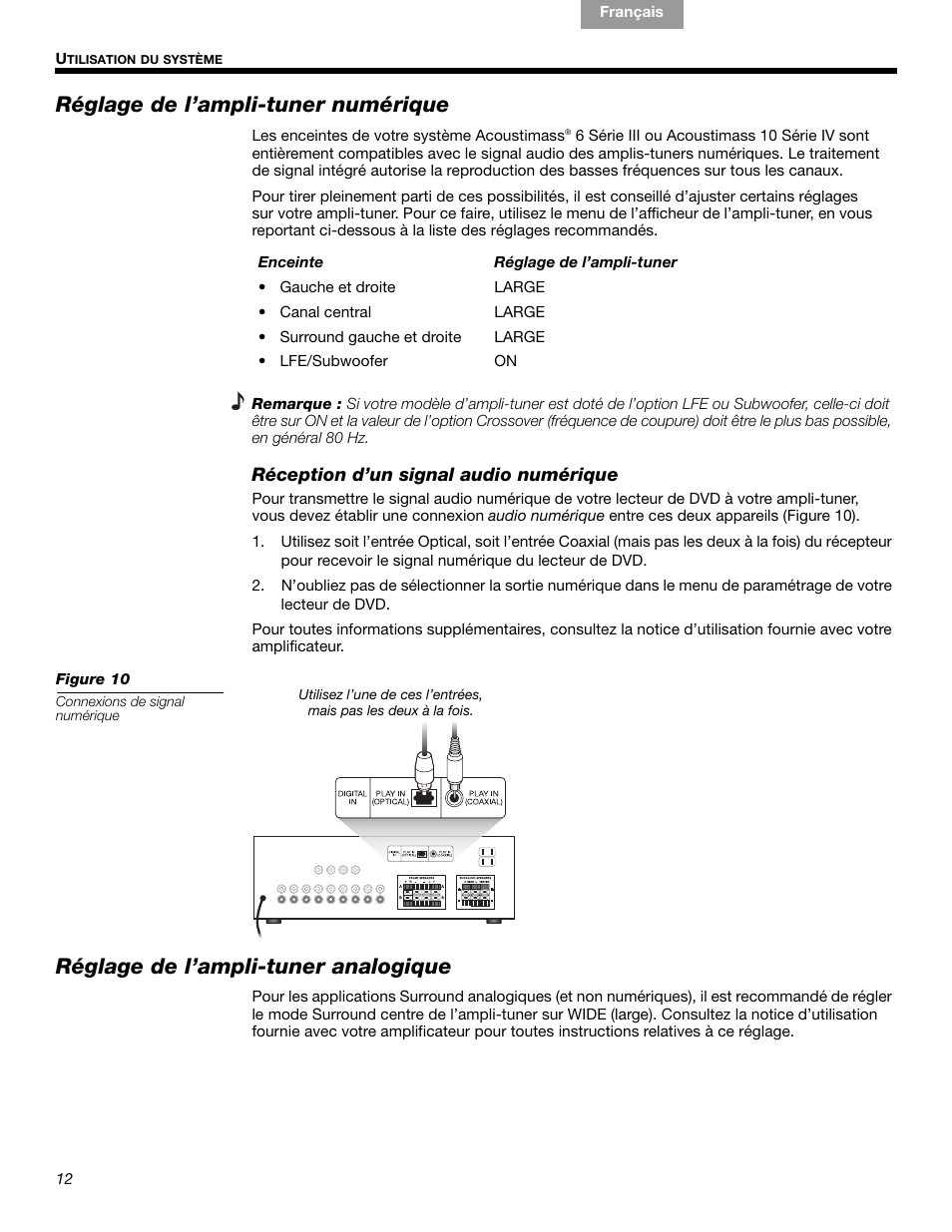 Réglage de l’ampli-tuner numérique, Réglage de l’ampli-tuner analogique | Bose Acoustimass 10 Series IV User Manual | Page 40 / 44