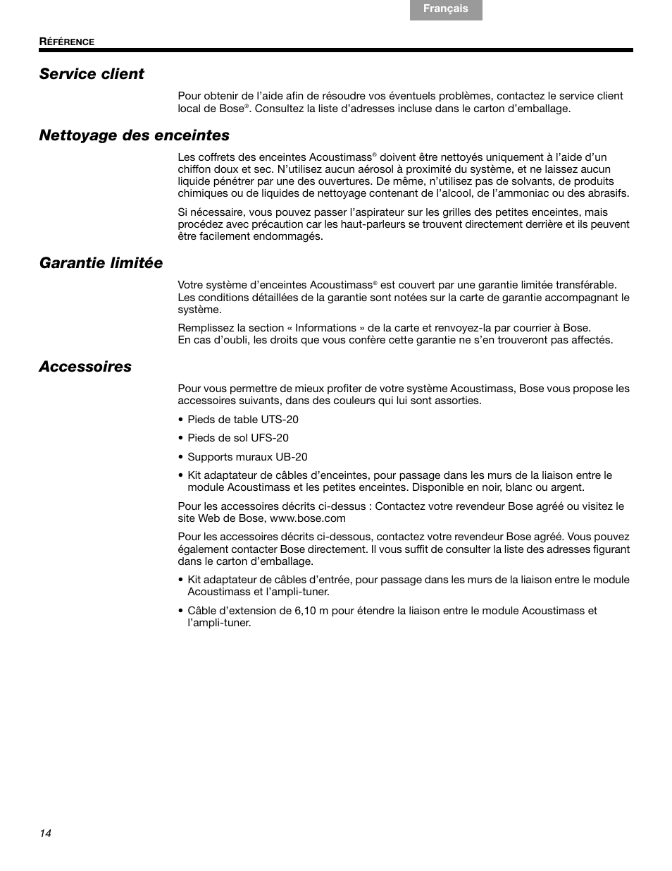 Service client, Nettoyage des enceintes, Garantie limitée | Accessoires | Bose Acoustimass 10 Series IV User Manual | Page 42 / 44