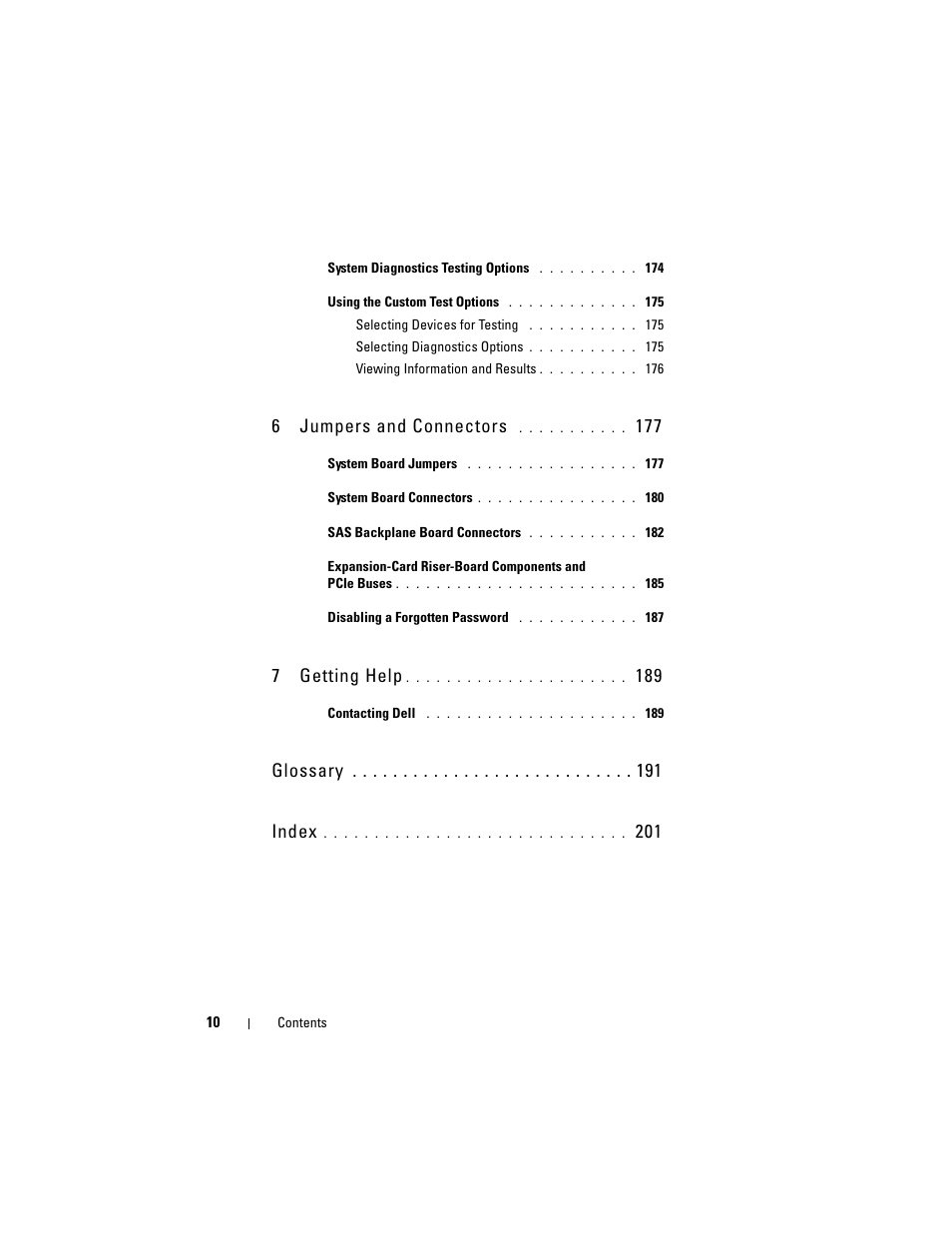 6jumpers and connectors, 7getting help, Glossary index | Dell POWEREDGE R710 User Manual | Page 10 / 208