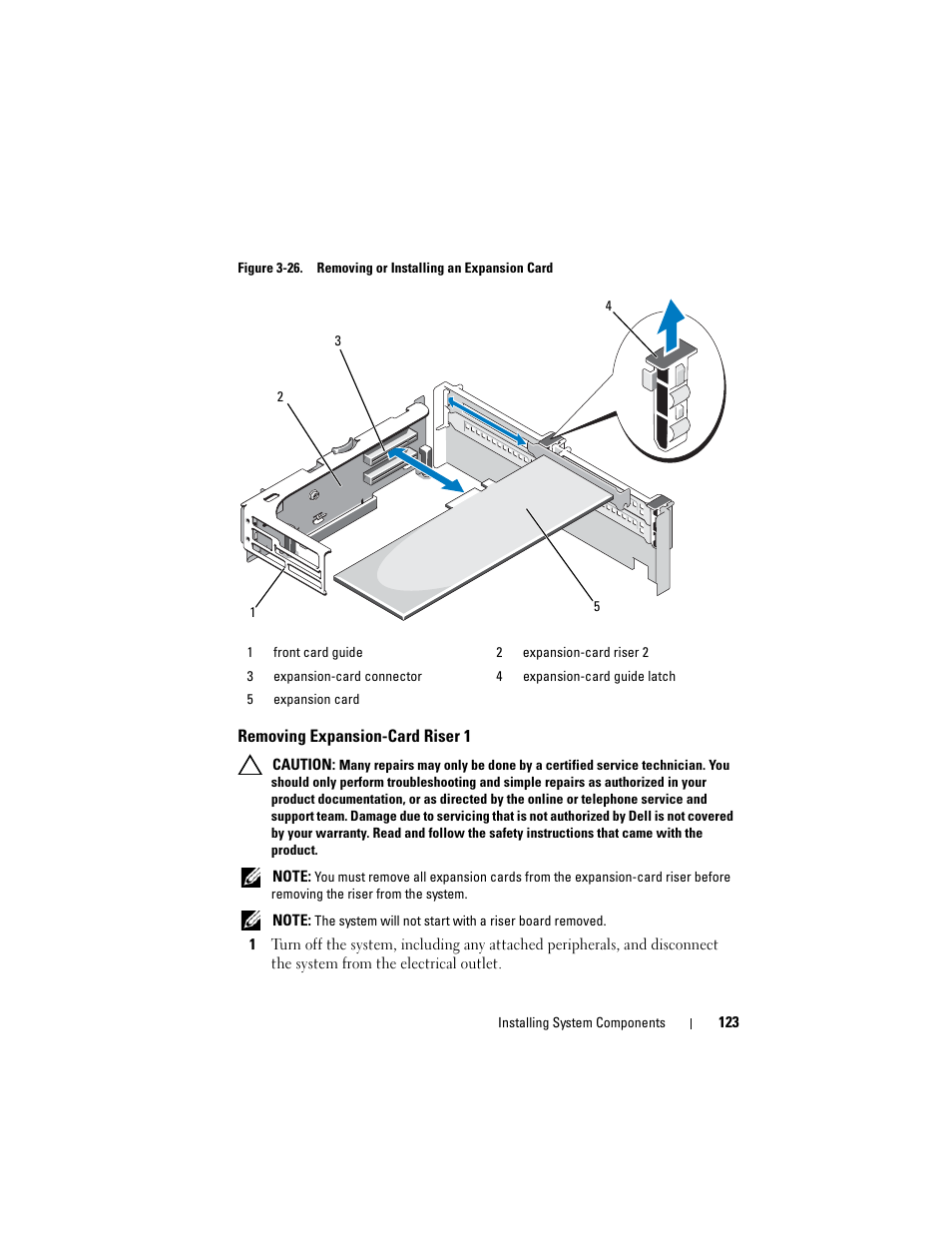 Removing expansion-card riser 1, Back of the system. see figure 3-26, D guide. see figure 3-26 | Latch. see figure 3-26 | Dell POWEREDGE R710 User Manual | Page 123 / 208