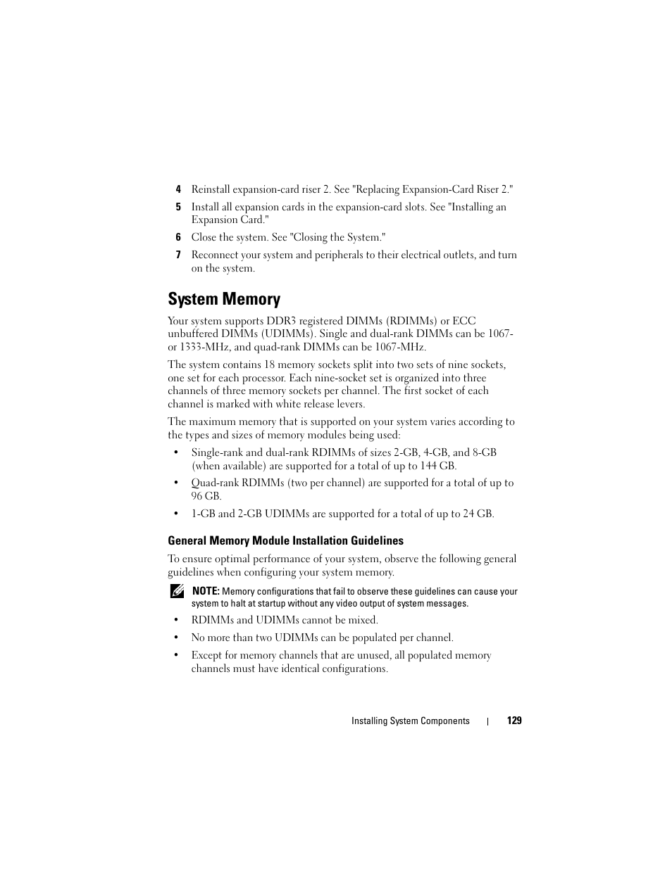 6 close the system. see "closing the system, System memory, General memory module installation guidelines | See "system memory, Mirroring mode. see "system memory, General memory module installation guidelines." if | Dell POWEREDGE R710 User Manual | Page 129 / 208