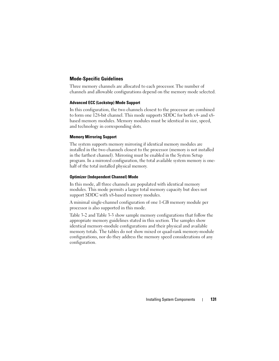 Mode-specific guidelines, Advanced ecc (lockstep) mode support, Memory mirroring support | Optimizer (independent channel) mode | Dell POWEREDGE R710 User Manual | Page 131 / 208
