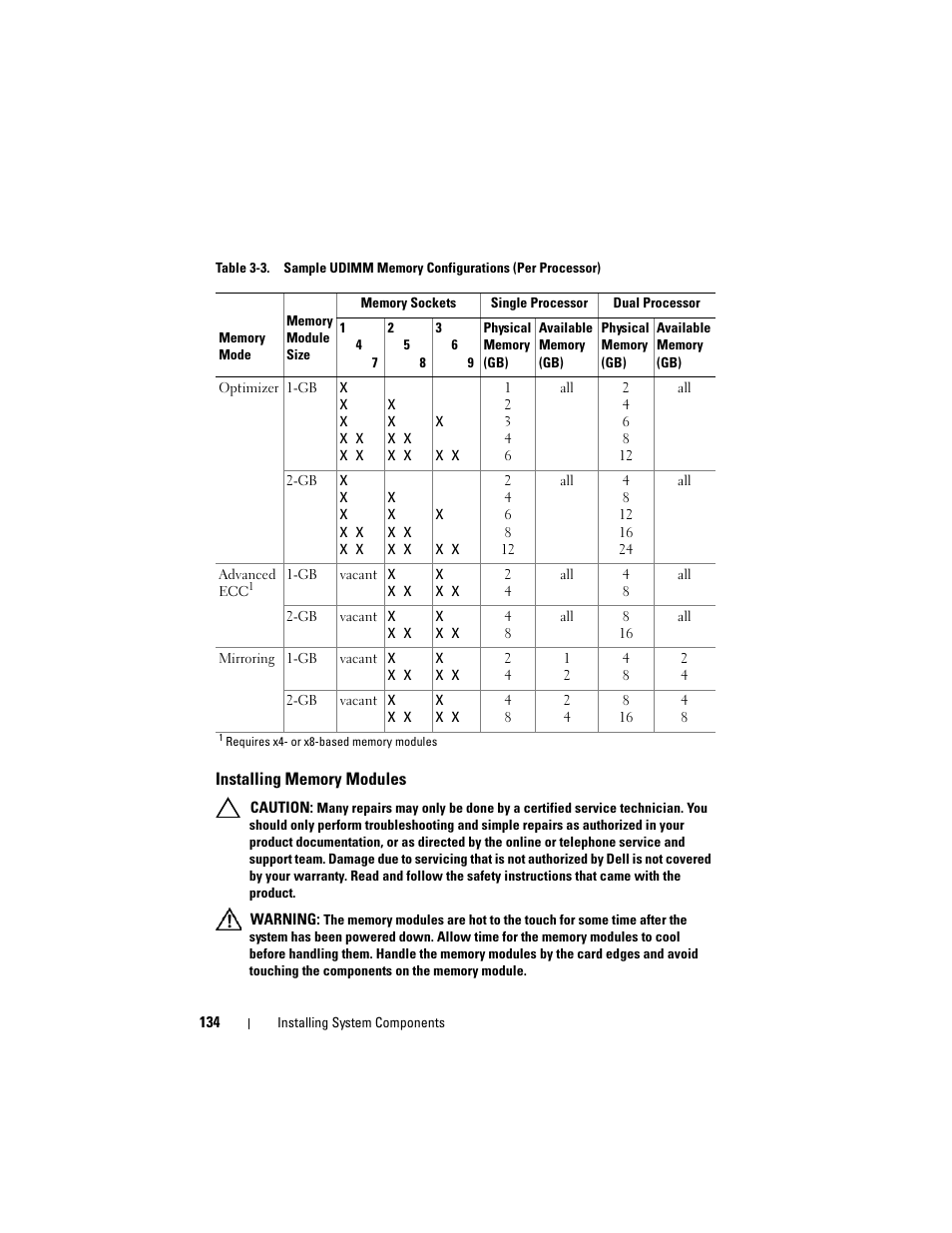 Installing memory modules, Installing memory modules" or | Dell POWEREDGE R710 User Manual | Page 134 / 208