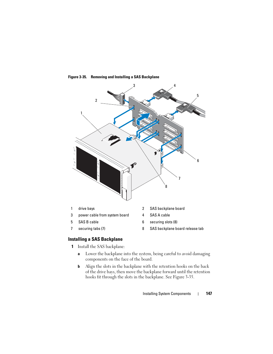 Installing a sas backplane, 1 install the sas backplane, See figure 3-35 | Dell POWEREDGE R710 User Manual | Page 147 / 208