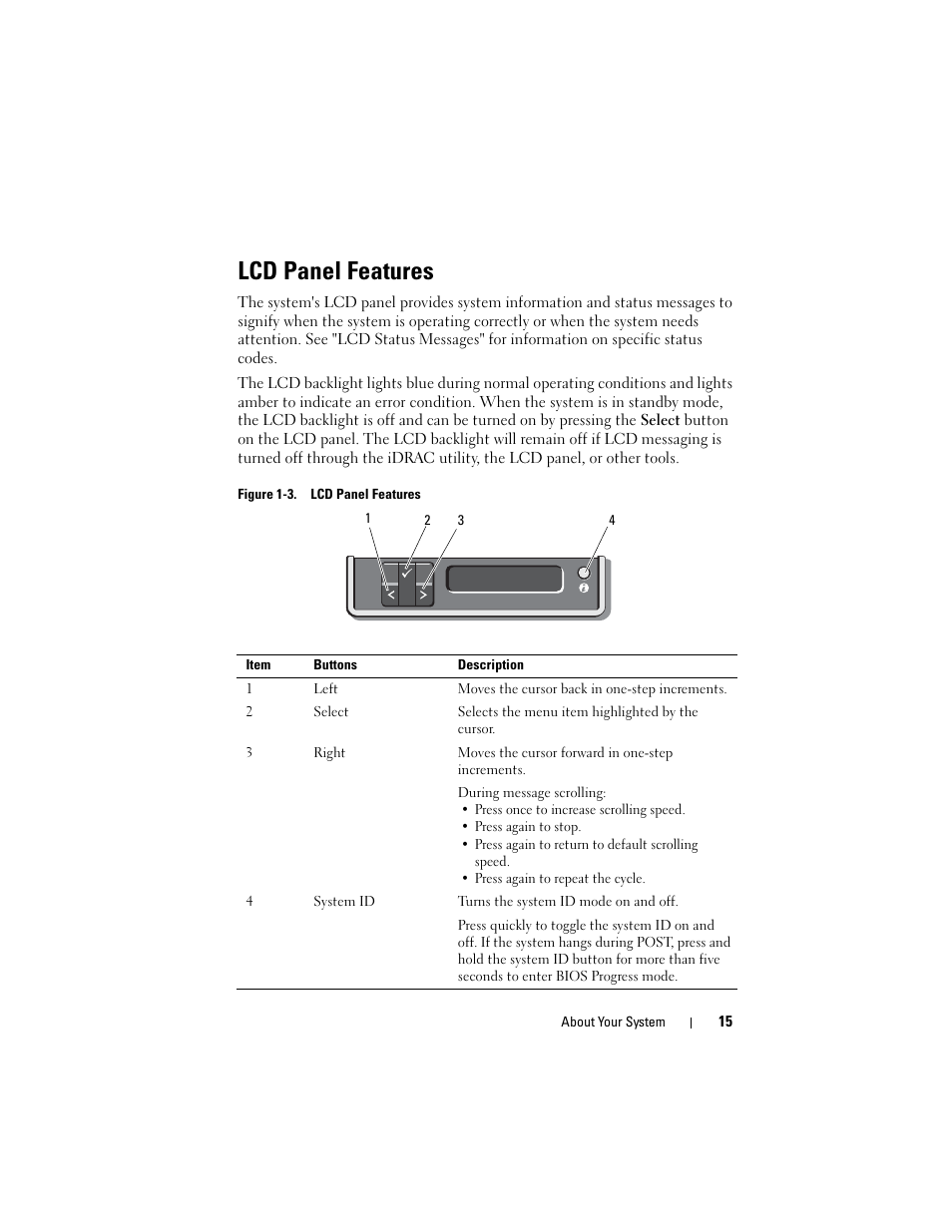 Lcd panel features, Figure 1-3. lcd panel features | Dell POWEREDGE R710 User Manual | Page 15 / 208