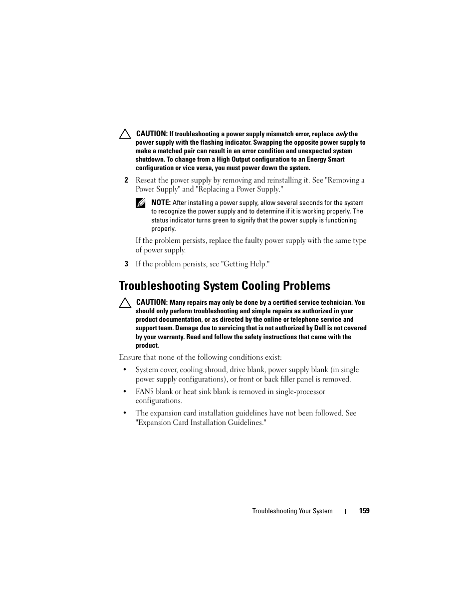 3 if the problem persists, see "getting help, Troubleshooting system cooling problems, See "troubleshooting system cooling problems | Dell POWEREDGE R710 User Manual | Page 159 / 208